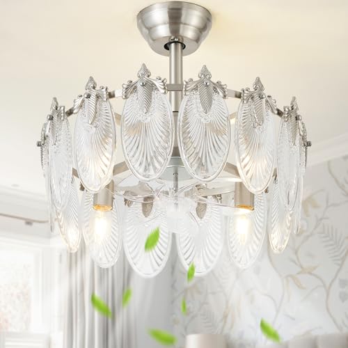 Image of 20 Inch Silver Crystal Fandelier Ceiling Fan with Light, Mid Century Silver Fandelier Ceiling Fans with Lights Remote Control, Caged with 6 Speeds for Bedroom, Nursery, Living Room