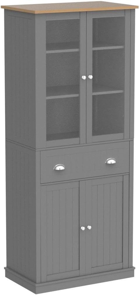 VEIKOU Kitchen Pantry Cabinets, 72" Freestanding Kitchen Pantry Storage Cabinet with Large Drawer, Traditional Tall Pantry Cabinet Cupboard with Glass Doors & Adjustable Shelves, Grey