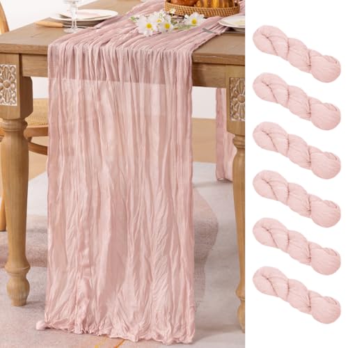Image of MLMC 6 Pack Pink Table Runner Dusty Pink Cheesecloth Table Runner 10ft Rustic Gauze Cheese Cloth Centerpiece Decor 65x120 Inches for Wedding Bridal Baby Shower Birthday Party Decor