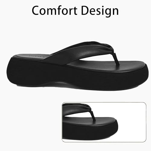 Women's Leather Platform Wedge Flip Flops With Arch Support Comfort Round Open Toe Slip On Thong Sandals Summer Casual Beach Vacation walking Slippers3