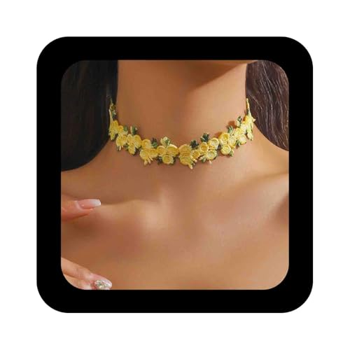 Enautoabs Collier Ras Du Cou Bohemia Fleur Dentelle Collier Court Jaune Broderie Fleurs Colliers...