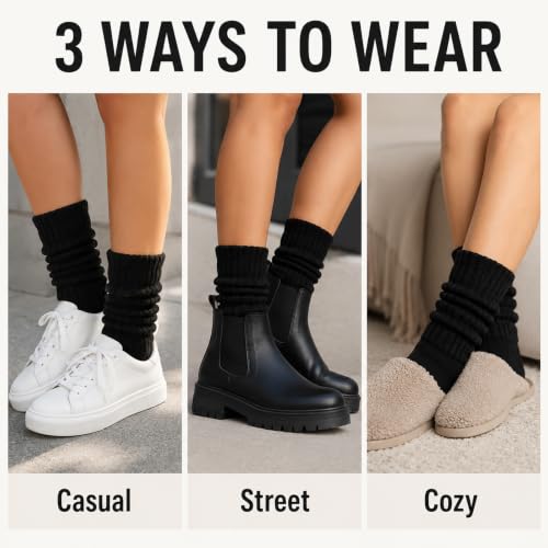 Image of 3 Pairs Slouch Socks for Women & Men, Ribbed Scrunch Crew Socks | 3-pair cotton-rich ribbed slouch socks for women and men, thick scrunch crew socks for boots, sneakers and lounging.