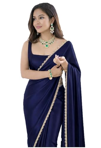 Image of SATAZ Ready To Wear Saree For Women Pre Pleated Satin Silk Readymade With Unstitched Blouse (Navy Blue)