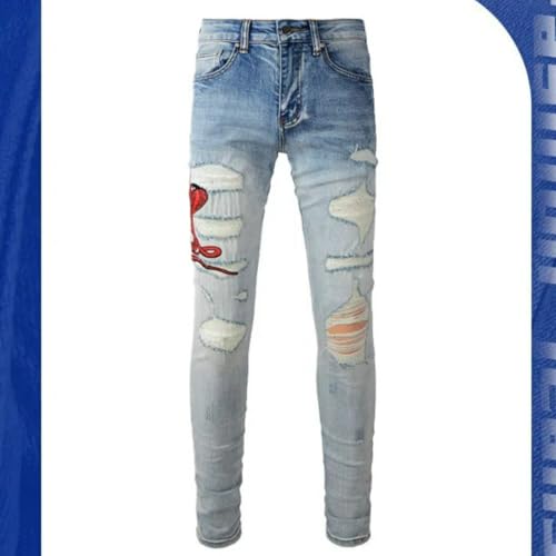 Jeans Pants Trousers Denim Men Trendy Street Personalized Embroidered Printed Punch Patch Blue Grinding Fading Elastic Slimming Tight Fit Casual(Blue,31)2
