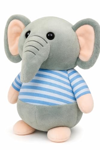 Image of Fun4you Plush Elephant Stuffed Animal Toy with Blue Striped T-Shirt, Soft Toy for Kids, Grey (Blue)
