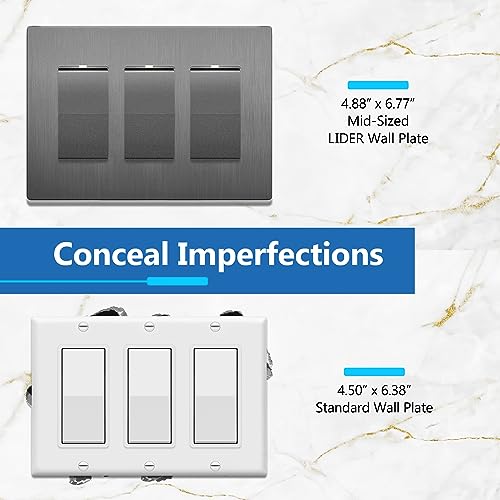 Image of LIDER Decorator Switch Cover, Screwless Wall Plate, Mid-Size 3-Gang 4.88 inch x 6.77 inch, LSWP-33M-BSG, UL Listed, Thermoplastic, Brushed Space Gray, 1-Pack