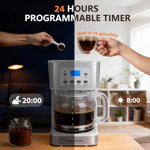 Image of Taylor Swoden 12-Cup Programmable Coffee Maker, Regular & Strong Brew Drip Coffee Machine for Home and Office, Glass Carafe, Pause & Serve, Auto Shut Off, White & Stainless Steel