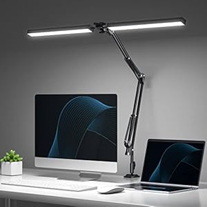 CHICLEW Lampada da Scrivania con Morsetto, 24W Lampada da Tavolo Led a doppia testa con braccio oscillante, Luce Scrivania a 3 Colori, Dimmerabile Luce di Lettura per Studio e Lavoro
