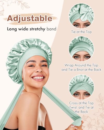 Image of BONNET QUEEN Small Double Layer Silk Bonnet for Sleeping for Women Satin Bonnet Night Cap for Short Thin Hair with Tie Band,Sage Green