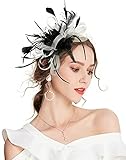 ELLYDOOR Mesh Fascinators for Women Sinamay Derby Headband Wedding Tea Party Hat Feather Flower Hair Clip Black Beige