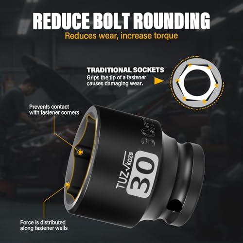 Image of 1 /2 Inch Drive 30mm Shallow Metric Impact Socket,CR-MO,6 Point Radius Corner Design,Square Chamfered Opening,Axle Nut Impact Grade Socket for Easy Removal