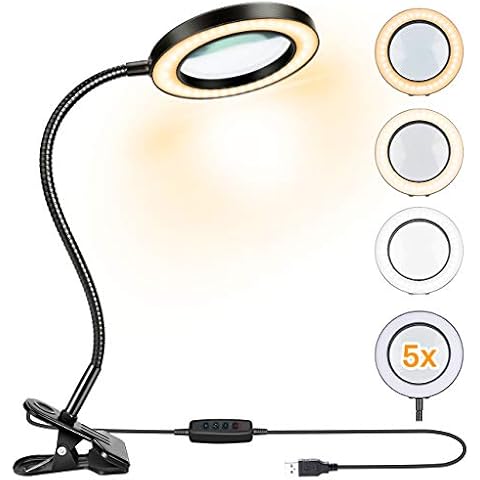 Magnifying Glass with Light Powcan 5X LED Magnifying Lamp Clip On Illuminated Magnifier 360°Flexible Desktop Magnifier Lens with Metal Clamp for Reading Working, 10 Brightness Levels 3 Light Modes Cover