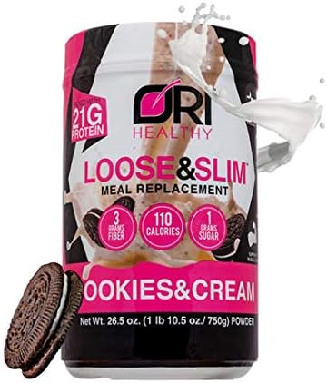 Loose & Slim Meal Replacement Shake Cookies & Cream, Weight Loss, Low Carb, 21g Protein, 3g Dietary Fiber, 1g Sugar, 110 Calories. Vitamin Rich, Delicious Flavor + 1 Shaker Bottle Free