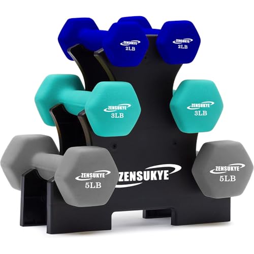 ZENSUKYE Set 6 Mancuernas Fitness de Neopreno Hexagonales (2LB, 3LB, 5LB), con Base Incluida, Pesas para Gimnasio en Casa, Mancuernas Hexagonales de Neopreno...