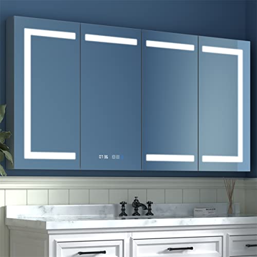 Boyel Living 60x32 Inch Bathroom Cabinet with Mirror and Lights LED Medicine Cabinets for Bathroom Recessed or Surface Mount Anti-Fog, Clock, Room Temp Display, Dimmer, Outlets & USBs