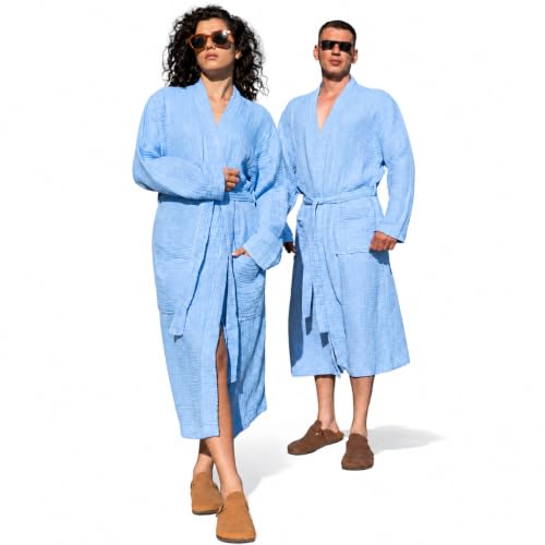 Image of Muslin Unisex Bathrobe Women & Men, 100% Cotton Kimono Lightweight Robe | Long Robes Soft, Absorbent, Spa robes