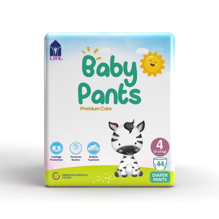 Life Baby Diaper Pants Premium Care - Leakage Protection, Prevents Rashes, Bubble Topsheet, Dermatologically Tested, Size 4-Large (9-14KG), 44 Diapers
