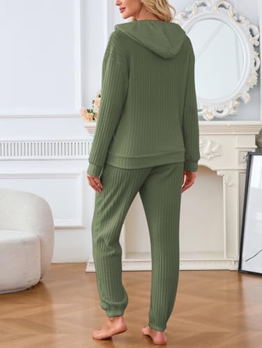 Image of Famulily 2 Pieces Ribbed Knit Outfits Drawstring Hoodies Jogger Pants Matching Pajama Sets with Pockets