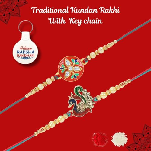 Image of Riddhika Ventures Elegant Traditional Gold Plated Bhaiya Bhabhi Rakhi Set with Roli Chawal and Greeting Card || Traditional Rakhi Set of 2 & Festive Gift