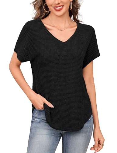 Totatuit Waffle Knit Tops for Women V Neck Short Sleeve Casual Summer Shirts Loose Fitting Curved Hem Blouse Soft Breathable Basic Tee Vacation Tunic Top Black