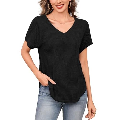 Totatuit Waffle Knit Tops for Women V Neck Short Sleeve Casual Summer Shirts Loose Fitting Curved Hem Blouse Soft Breathable Basic Tee Vacation Tunic