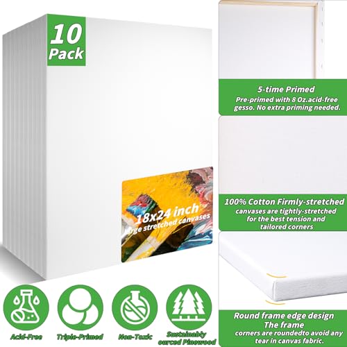 10 Pack Stretched Blank Canvases for Painting 18x24 100% Cotton Large Canvas Boards for Painting Bulk, White Painting Canvas for Oil, Acrylic Paint & Other Painting Media