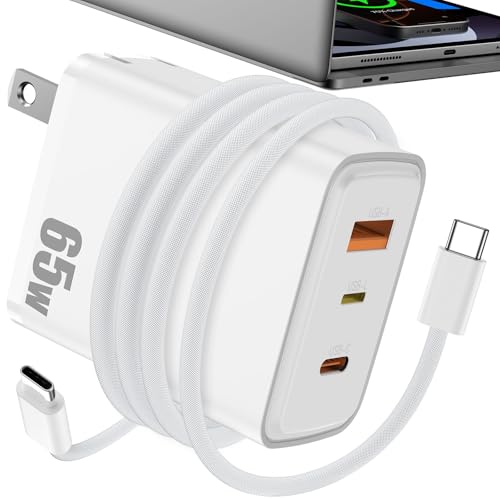 TOPAUX 65W charger with foldable plug and three ports — shows the A+C+L layout that charges three devices at once