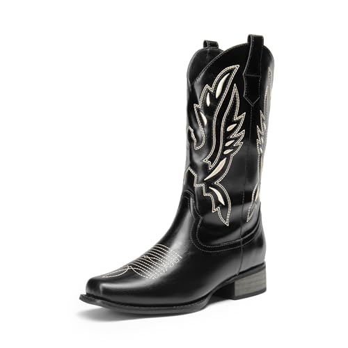 Image of DREAM PAIRS Women's Square Toe Cowboy Cowgirl Boots Pull On Low Chunky Heel Mid Calf Western Boots with Embroidered Stitched for Theme Party Country Concert | Square Toe Western Boots, Low Chunky Heel, Pull On, Embroidered Stitched, Theme Party Country Concert