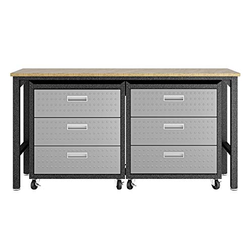Image of Manhattan Comfort Fortress 3-Piece Textured Garage Storage Set, Includes Mobile Metal Cabinet Chests and Worktable, Space-Saving Design, 24-Gauge Metal, Lockable Wheels, 6.0 Series, Grey