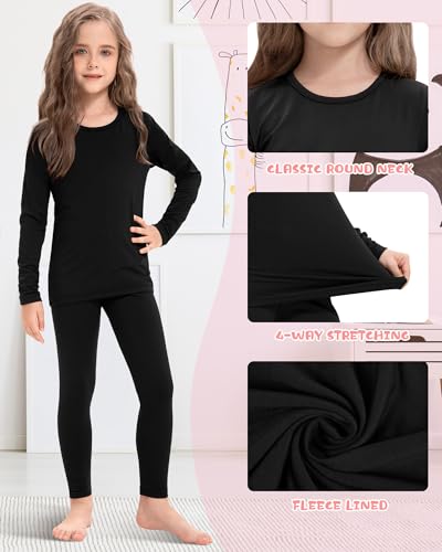 Silkfly 2 Pack Girls Thermal Underwear Set Fleece Lined Thermals Top and Bottom Base Layer for Girls Winter(Medium,Black, Christmas Colors)3