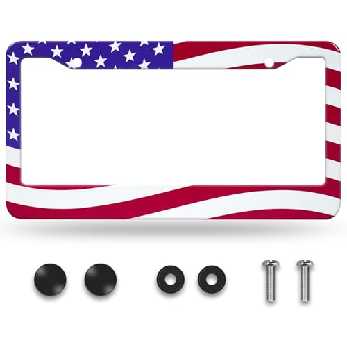 American Flag License Plate Frame Universal Aluminum Alloy US Patriotic License Plate Holder Colorful Car Tag Frame Cover with Screws for Men Women (1 Pack 2 Hole)