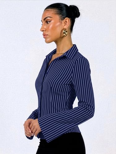 Image of Aahwan Striped Button Down Flared Bell Long Sleeve Casual Shirt for Women's & Girl's