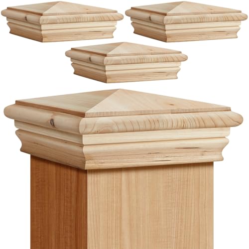 Image of Geetery 4 Pcs 4 x 4 Wood Newel Post Cap Fence Post Cap for Fence Topper Top Resistant Decking Caps for Outdoor Fences, Mailboxes and Decks (Cedar Wood)