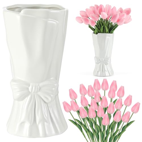 Cute Bow Ceramic Vase with 24 Pcs Faux Tulip Bouquet Flower for M...