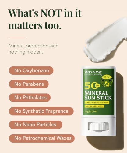 Image of Beef Tallow Mineral Sunscreen Stick SPF 50 for Face & Body, Broad Spectrum, Non-Nano Zinc Oxide, No White Cast, Reef Safe, Water Resistant 80 Min, Fragrance Free, Travel Size 20g