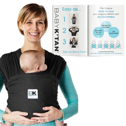 picture of a mom wearing a baby in a Baby K'tan baby carrier; includes a link to purchase on Amazon