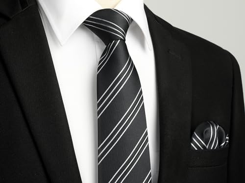 Image of HISDERN Mens Striped Ties Classic Silk Woven Tie and Pocket Square Set Formal Business Necktie Handkerchief for Wedding