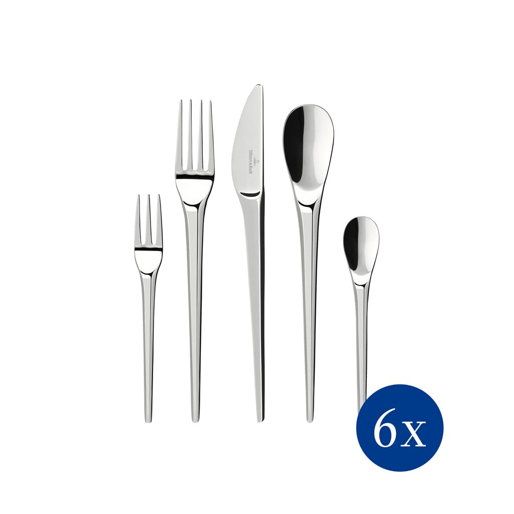 Villeroy & Boch Zestaw sztućców New Moon 30 sztuk dla 6 osób, nadaje się do mycia w zmywarce, nierdzewny, nóż, widelec, łyżka, luksusowy zestaw sztućców, kolacja, stal nierdzewna 18/10