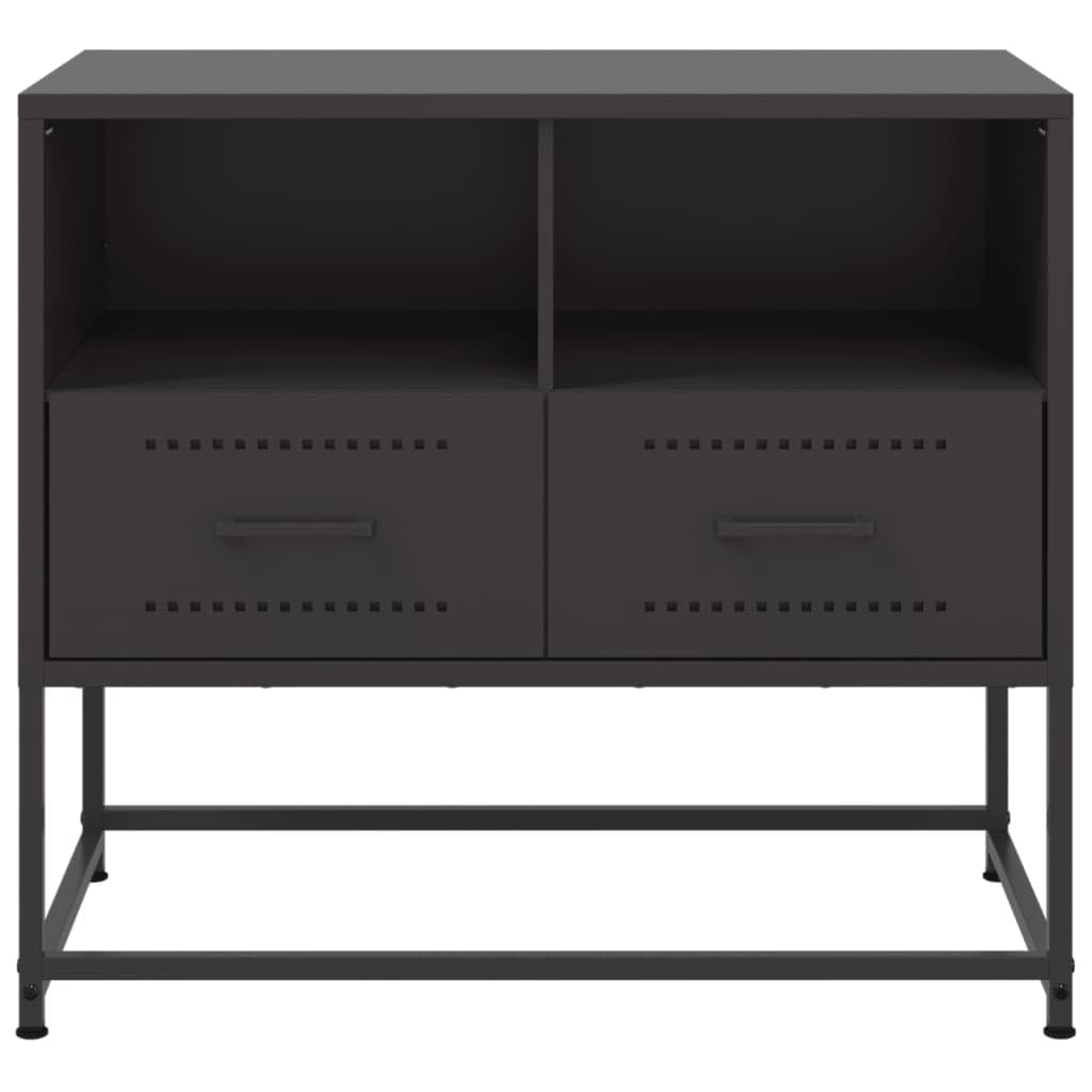 Szafka pod telewizor czarna, ze stali, 68 x 39 x 60,5 cm, z 2 szufladami i 2 przegródkami, zajmuje mało miejsca, do salonu, sypialni, kina domowego, gamingów z miejscem do przechowywania