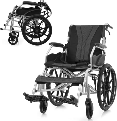 軽量折りたたみ式車椅子, アルミ製, 赤黒ツートン, 座面幅44cm, 耐荷重100kg, 収納可能, 介助用ブレーキ付き, 13kg軽量設計, 在宅・通院用 (Black+Gray)