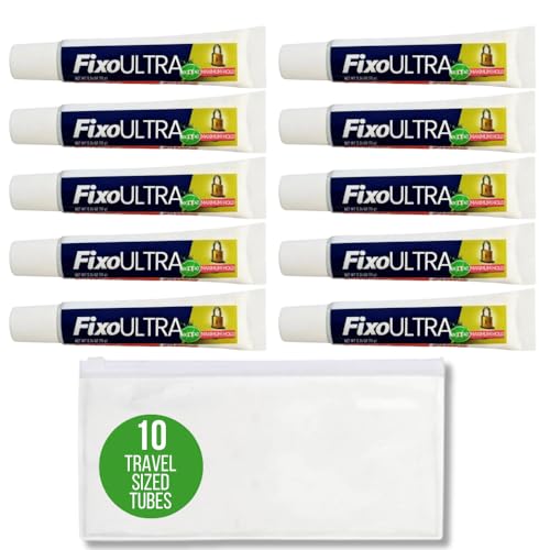 Spark Fixo Travel Sized/Pocket Sized Maximum Hold Denture Adhesive Cream Tubes TSA-Approved Travel Sized Denture Adhesive with 1 Dental Travel Zipper Pouch (Pack of 10 Tubes)