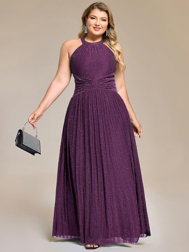 Image of Ever-Pretty Plus Women's Floor Length A-Line Halter Sleeveless Pleated Glitter Plus Size Formal Dress Evening Gown