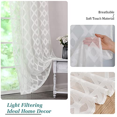 Simplebrand Kiki Sheer Curtains 63 Inch Length 2 Panels, Textured Burnout Curtains With Geometric Jacquard Clipped Design, Farmhouse Curtains For Bedroom Nursery Window Drapes, W40 X L63, Ivory #TOP4