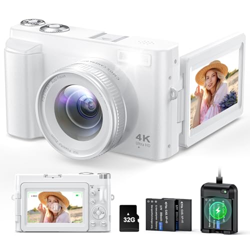 Zostuic 4K Digital Camera, 48MP Autofocus Anti-Shake Vlogging Camera for YouTube Video, 3'' 180Flip Screen with Flash 16X Zoom 32GB Card, Compact Travel Camera with Battery Charger