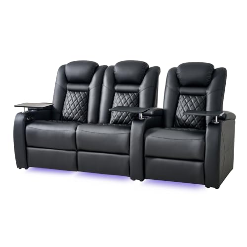 Home Theater Seating, Classic Series Leather Movie Theater Chairs, Power Headrest and Memory with C-Type USB Charger, 7Color Ambient Lighting and Tray Table, Black Power Adjustable Recliner(Row of 3L)