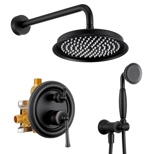 Image of Antique Rain Shower Head with Handheld Spray, Matte Black Rain Shower System with Rough-in Balance Pressure Valve, 9 inch Bathroom Luxury Rain Fall Shower Head Wall Mount Round, (B2312-BK)