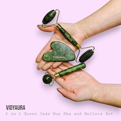 VIDYAURA Set de Masaje de Jade, 4 Piezas con Rodillo Facial y Gua Sha, con Bolsa de Almacenamiento Verde, Caja de Regalo - imagen 2