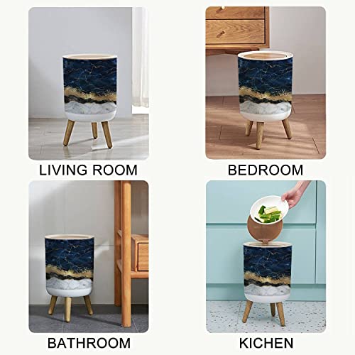 Image of Small Trash Can with Lid abstract white blue marble with golden veins fake stone texture liquid Round Recycle Bin Press Top Dog Proof Wastebasket for Kitchen Bathroom Bedroom Office 7L /1.8 Gallon