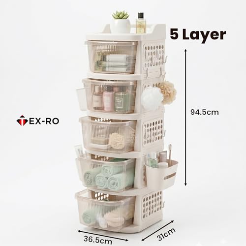 Image of TEX-RO 5 Layer Plastic Drawer Cabinet with Wheels & Side Hooks | Stackable Storage Trolley Organiser for Kitchen | Multipurpose Drawers Organisers Rack with Basket - Transparent And Ivory