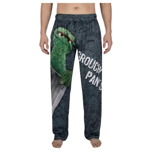 BRIEF INSANITY Sesame Street Adult Lounge Pajama Pants - Comfy, Loose-Fit, Ultra-Soft - Oscar the Grouch Pants Sleep Bottoms (X-Large, Green and Grey)